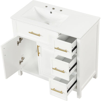 36" Bathroom Vanity with Sink Top, Bathroom Vanity Cabinet with Two Doors and Three Drawers, Solid Wood, MDF Boards, One Package, Off White