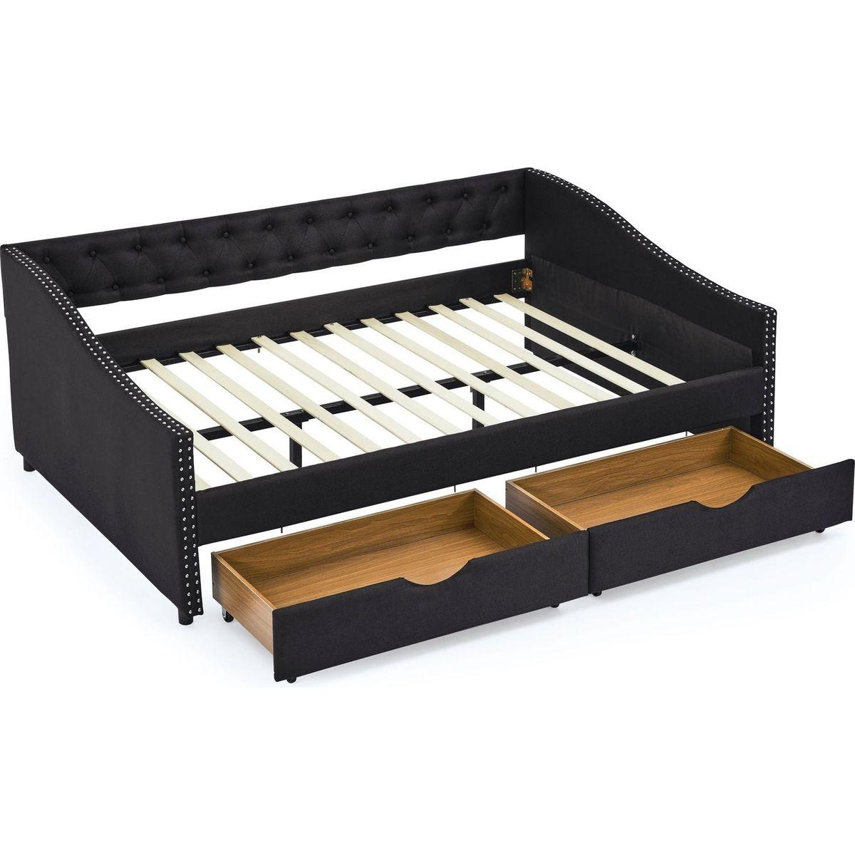 Full Size Daybed with Drawers Upholstered Tufted Sofa Bed, with Button on Back and Copper Nail on Waved Shape Arms(80.5"x55.5"x27.5")