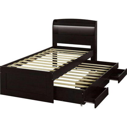 Twin XL Size Platform Bed with Storage LED Headboard, Charging Station, Twin Size Trundle and 2 Drawers, Dark Brown