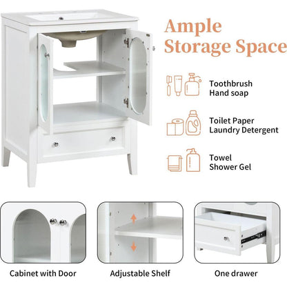 24" Bathroom Vanity with Sink, Bathroom Vanity Cabinet with One Drawer and Doors, Adjustable Shelf, Solid Wood and MDF, White