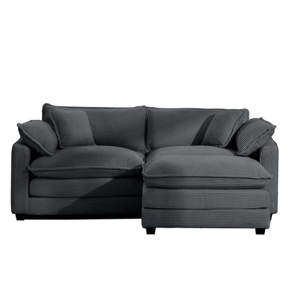 Corduroy Two-Seater Sofa with Ottoman, L-Shaped Sofa for Small Spaces, Grey Corduroy, Modern Design