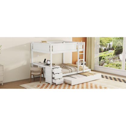 Full-Over-Full Bunk Bed with Twin size Trundle, Storage and Desk, White