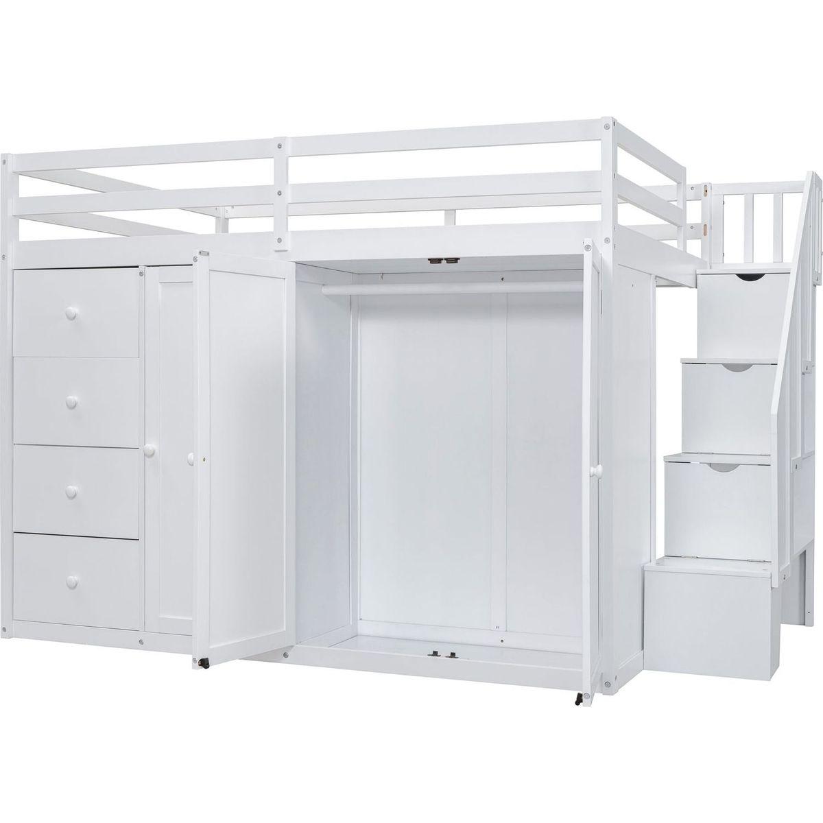 Full Size Wood Loft Bed With Built-in Wardrobes, Cabinets and Drawers, White