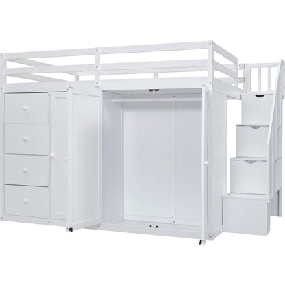 Full Size Wood Loft Bed With Built-in Wardrobes, Cabinets and Drawers, White