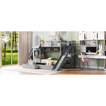 Twin-Over-Twin Castle Style Bunk Bed with 2 Drawers 3 Shelves and Slide - Gray