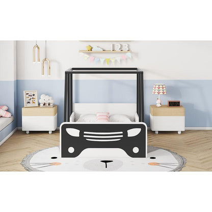 Twin Size Car-shaped Bed with Roof,Wooden Twin Floor Bed with wheels and door Design,Montessori Inspired Bedroom,Black