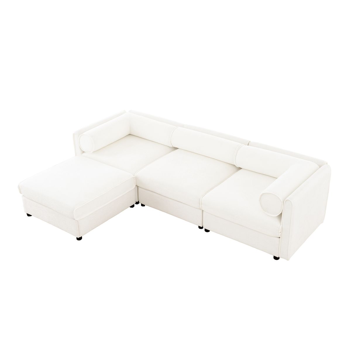 Contemporary White Chenille L-Shaped Sofa with Storage and Ottoman, 3-Seater Cylindrical Backrest - Streamdale Furniture