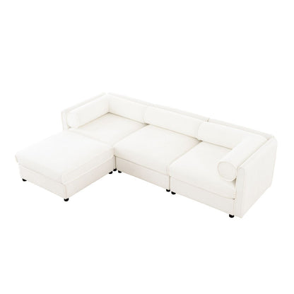 Contemporary White Chenille L-Shaped Sofa with Storage and Ottoman, 3-Seater Cylindrical Backrest - Streamdale Furniture