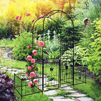 Metal Garden Arch with Gate 79.5" Wide x 86.6" High Climbing Plants Support Rose Arch Outdoor Black