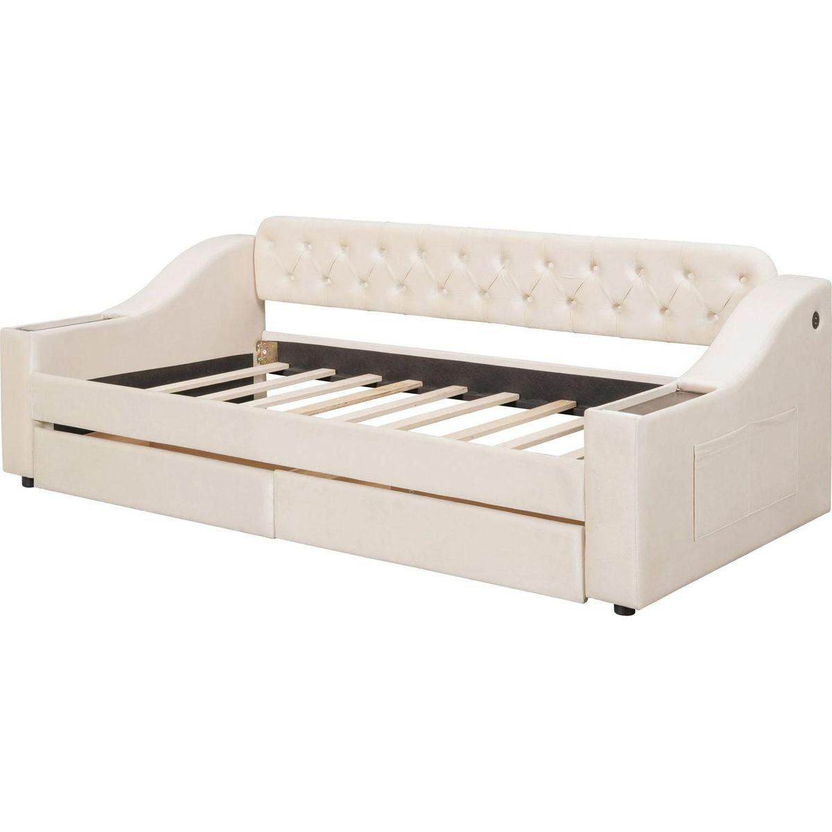 Twin Size Upholstered Daybed with Storage Armrests and USB Port, Beige