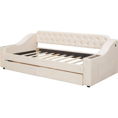 Twin Size Upholstered Daybed with Storage Armrests and USB Port, Beige