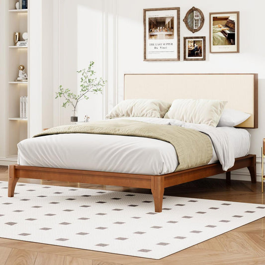 Queen Size Solid Dry Bamboo Wood 12 Inch Platform Bed, with Bamboo Frame Upholstered Adjustable Headboard, Easy Assembly