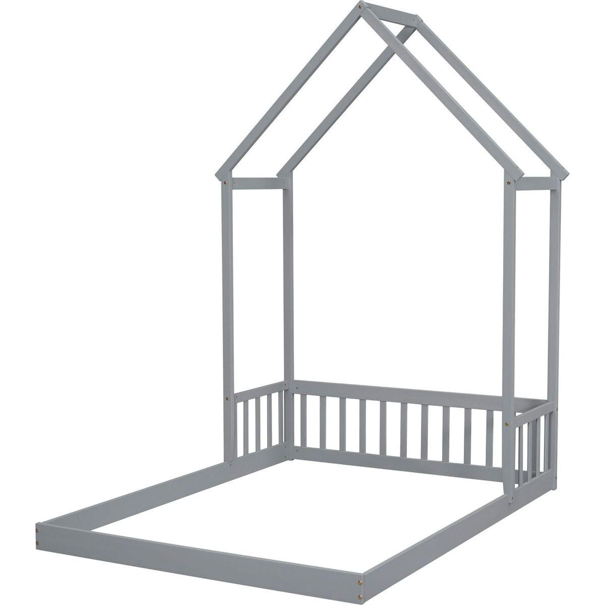 Full Roof-framed Headboard Floor Bed with Headboard Guardrails, without Slats, Grey