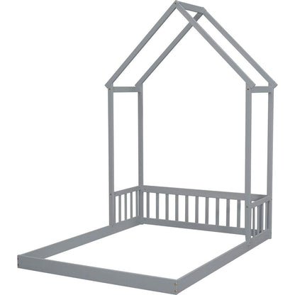 Full Roof-framed Headboard Floor Bed with Headboard Guardrails, without Slats, Grey