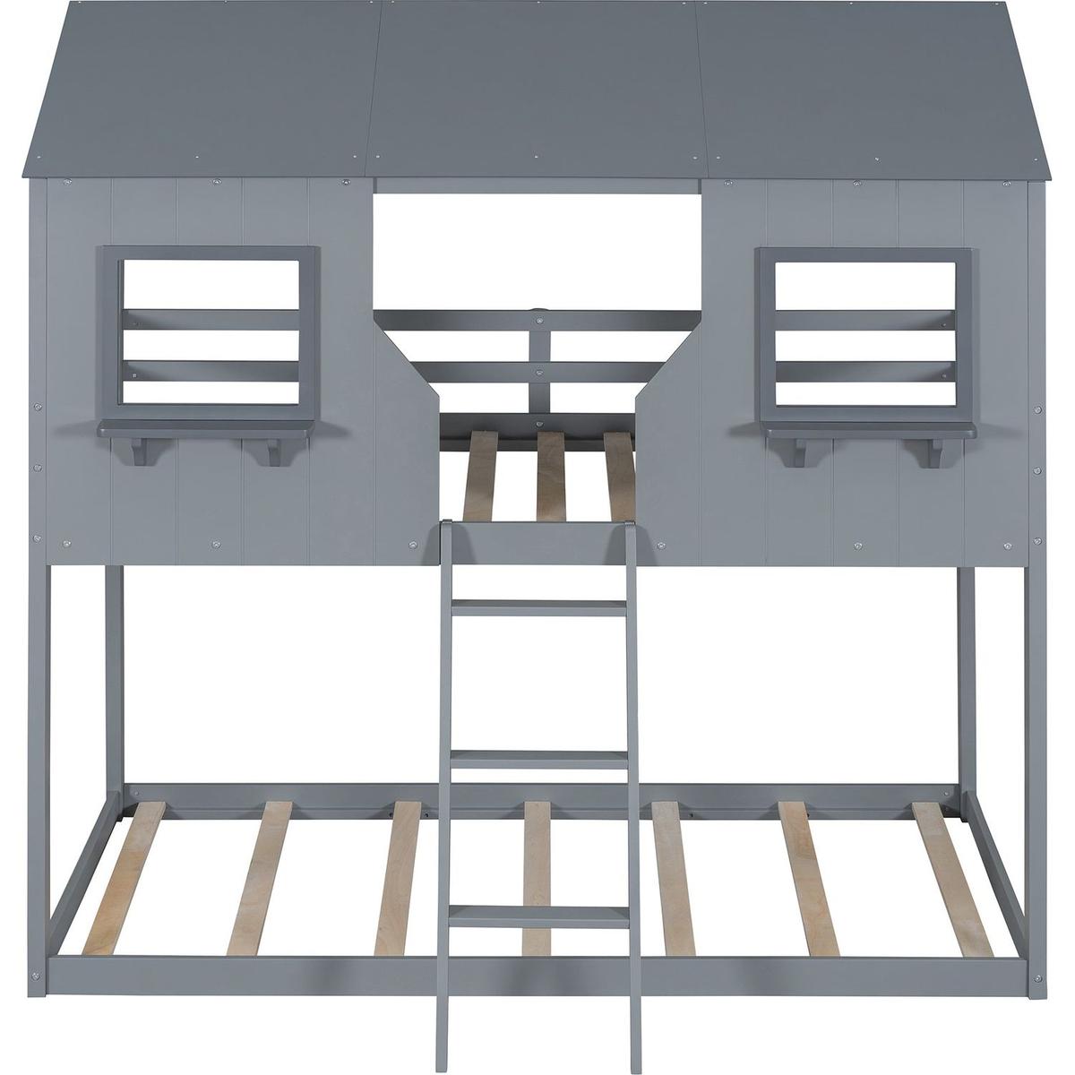 Twin Over Twin Bunk Bed Wood Bed with Roof, Window, Guardrail, Ladder (Gray)