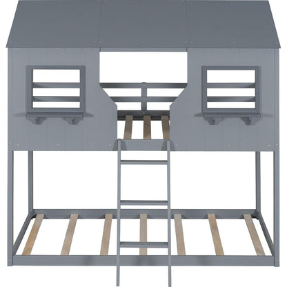 Twin Over Twin Bunk Bed Wood Bed with Roof, Window, Guardrail, Ladder (Gray)
