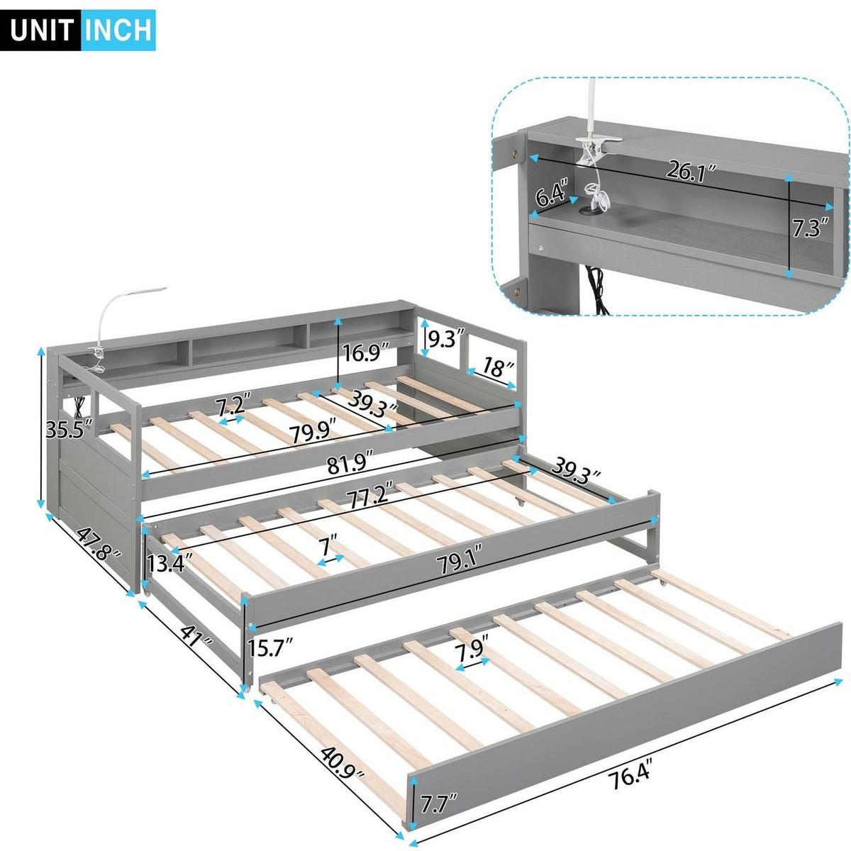 Twin XL Wood Daybed with 2 Trundles, 3 Storage Cubbies, 1 Light for Free and USB Charging Design, Gray