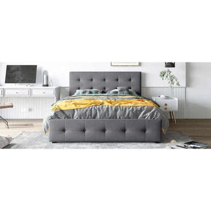 Upholstered Platform Bed with Classic Headboard and 4 Drawers, No Box Spring Needed, Linen Fabric, Queen Size Dark gray