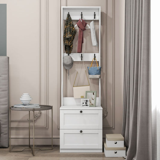 2-in-1 Coat Rack and Nightstand,Wood Bedside/Entryway Storage Organizer with Drawer & Hooks, Freestanding Clothes Hanger for Bedroom,Hallway