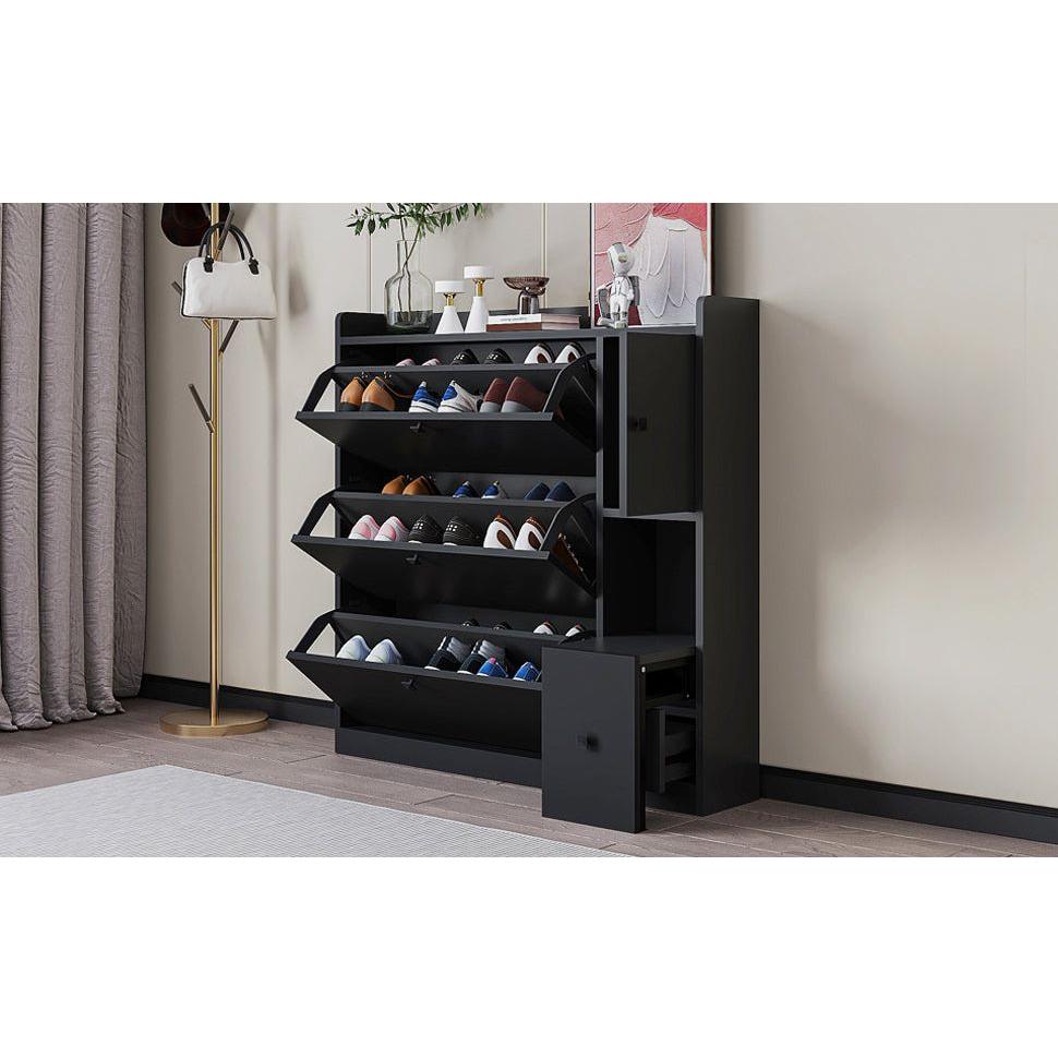 Versatile Shoe Cabinet with 3 Flip Drawers, Maximum Storage Entryway Organizer with Drawer, Free Standing Shoe Rack with Pull-down Seat for Hallway, Black