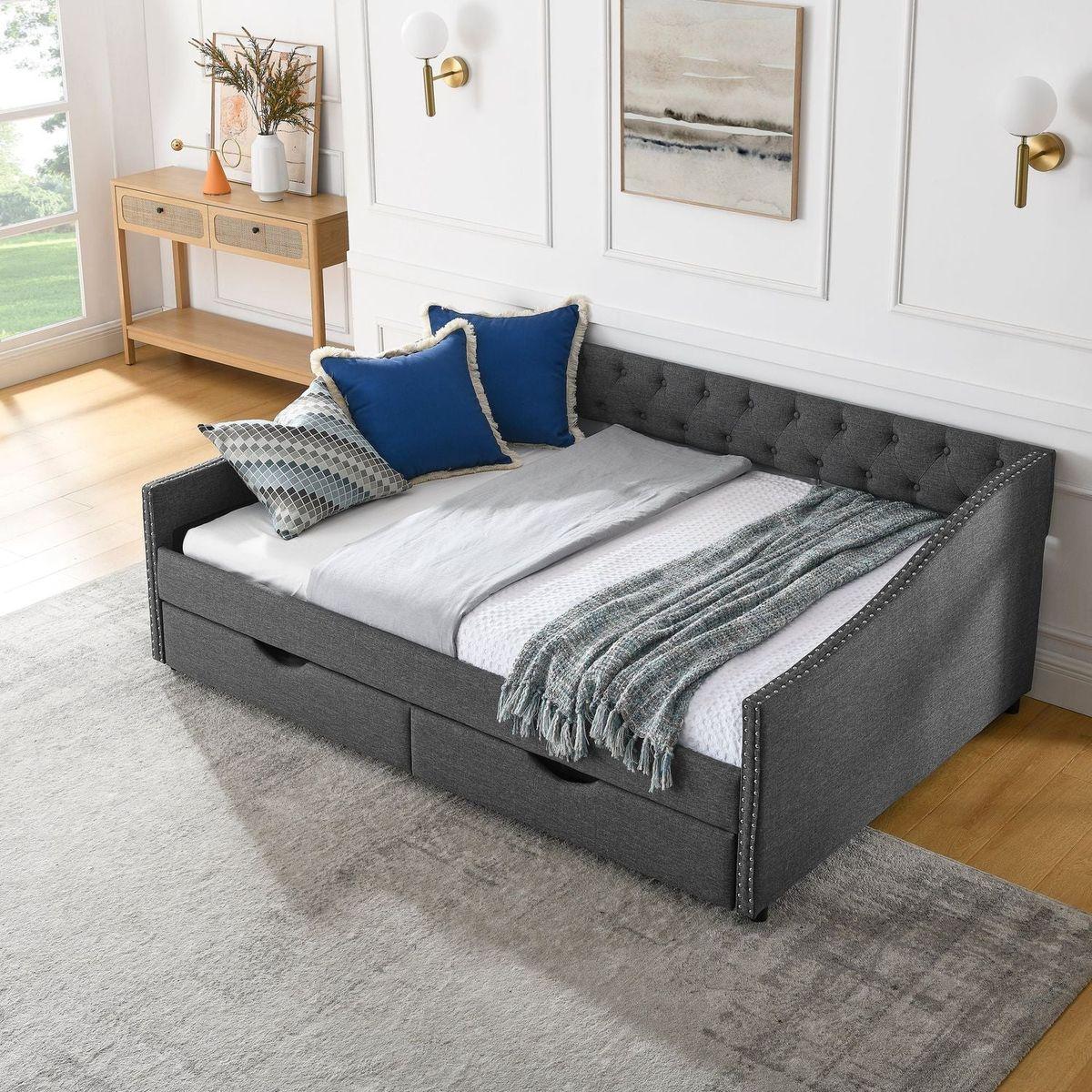 Full Size Daybed with Drawers Upholstered Tufted Sofa Bed, with Button on Back and Copper Nail on Waved Shape Arms(80.5"x55.5"x27.5")