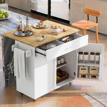 Rolling Kitchen Island with Storage, Kitchen Cart with Rubber Wood Top, Spacious Drawer with Divider and Internal Storage Rack, Kitchen Island on Wheels with Adjustable Shelf Tower Rack, White