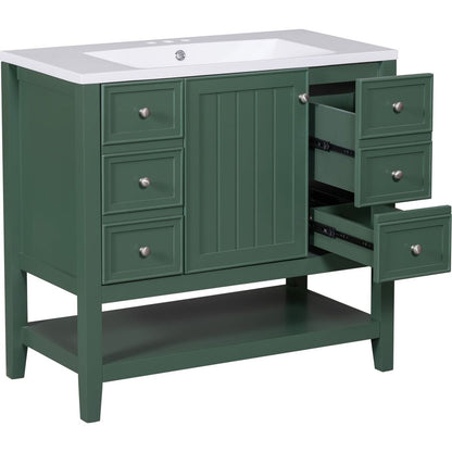 36" Bathroom Vanity with Sink Combo, One Cabinet and Three Drawers, Solid Wood and MDF Board, Green