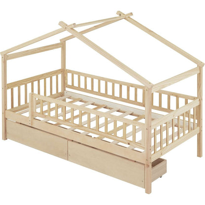 Twin Size Wooden House Bed with Two Drawers, Natural