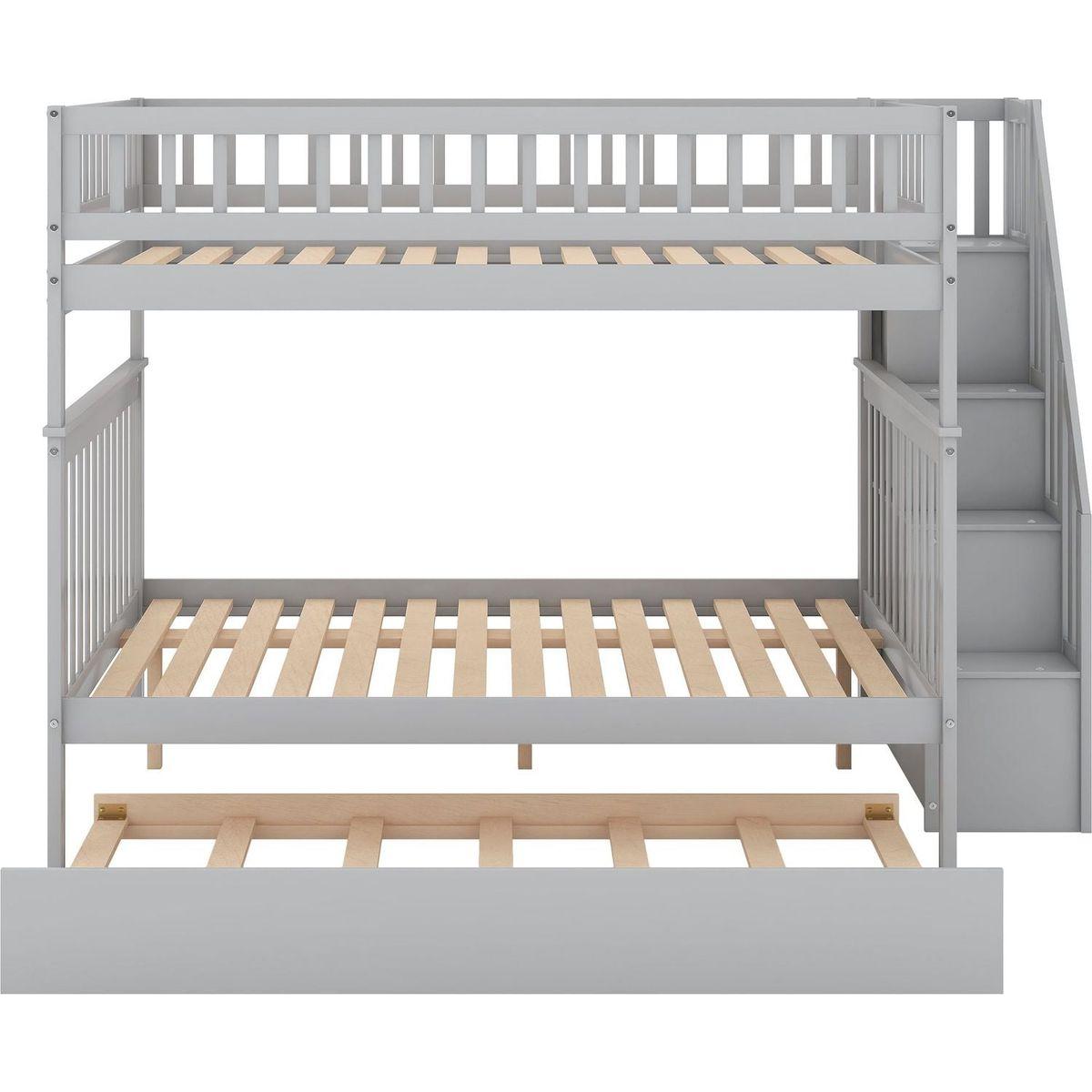 Full over Full Bunk Bed with Trundle and Staircase,Gray