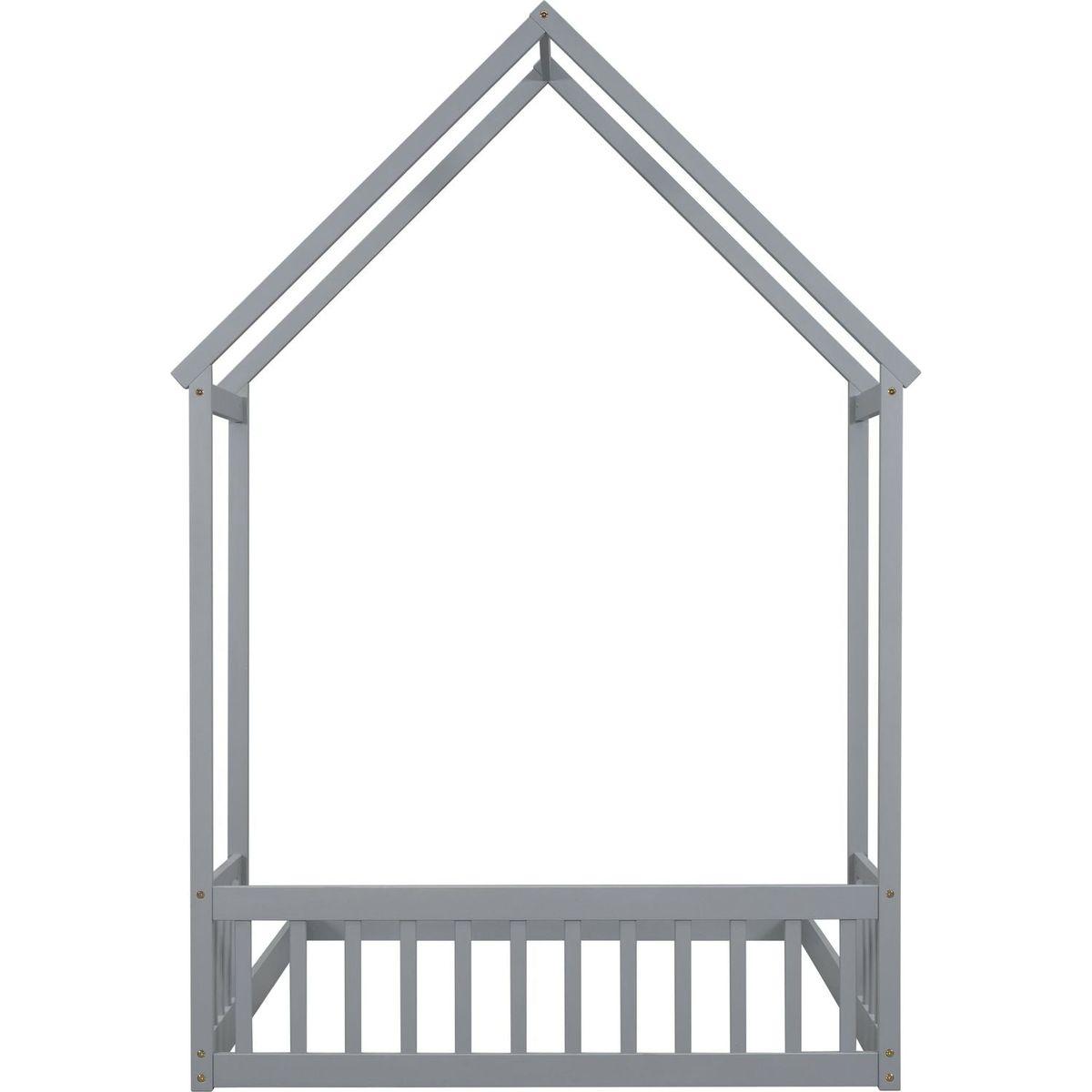 Full Roof-framed Headboard Floor Bed with Headboard Guardrails, without Slats, Grey