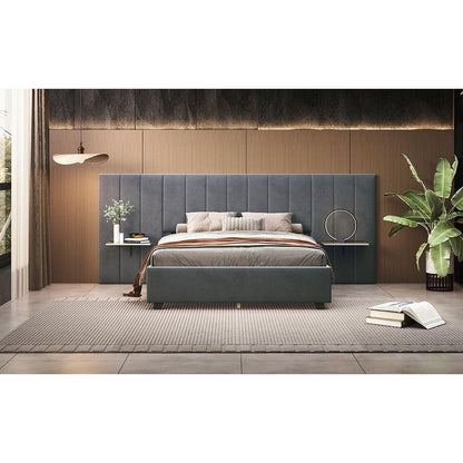 Queen Size Upholstered Platform Bed with Big Headboard, Bedroom Furniture, Velvet, Gray