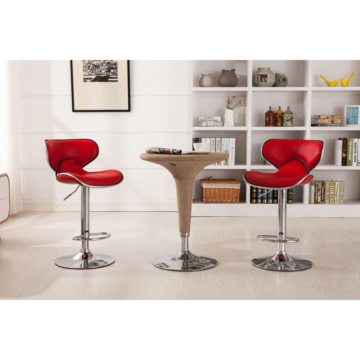 Masaccio Upholstery Airlift Adjustable Swivel Barstool with Chrome Base, Set of 2, Red - Streamdale Furniture