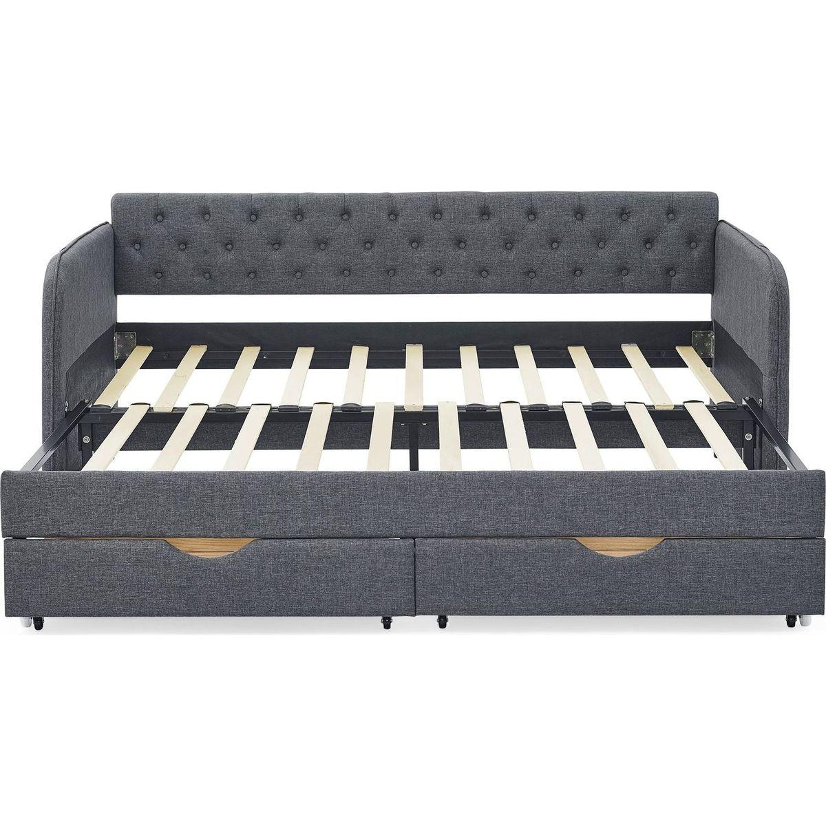 Twin Size Upholstery Daybed with Trundle Bed and Two Storage Drawers, Flat Arms with Pocket, Extendable Daybed for Bedroom Living Room,Linen Dark Gray