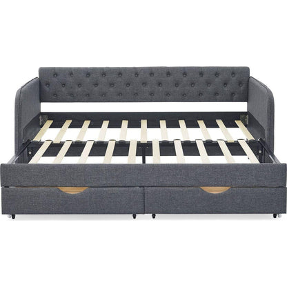 Twin Size Upholstery Daybed with Trundle Bed and Two Storage Drawers, Flat Arms with Pocket, Extendable Daybed for Bedroom Living Room,Linen Dark Gray