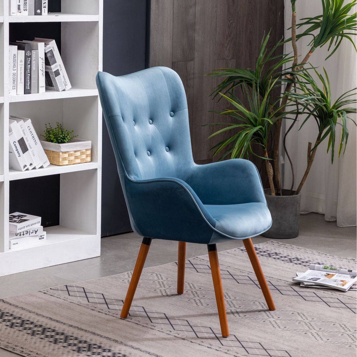 Doarnin Contemporary Silky Velvet Tufted Button Back Accent Chair, Blue