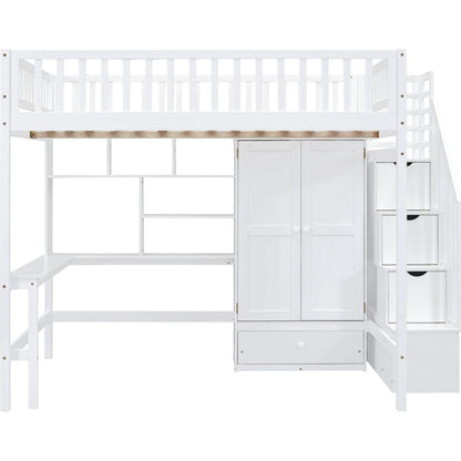 Full size Loft Bed with Bookshelf,Drawers,Desk,and Wardrobe-White