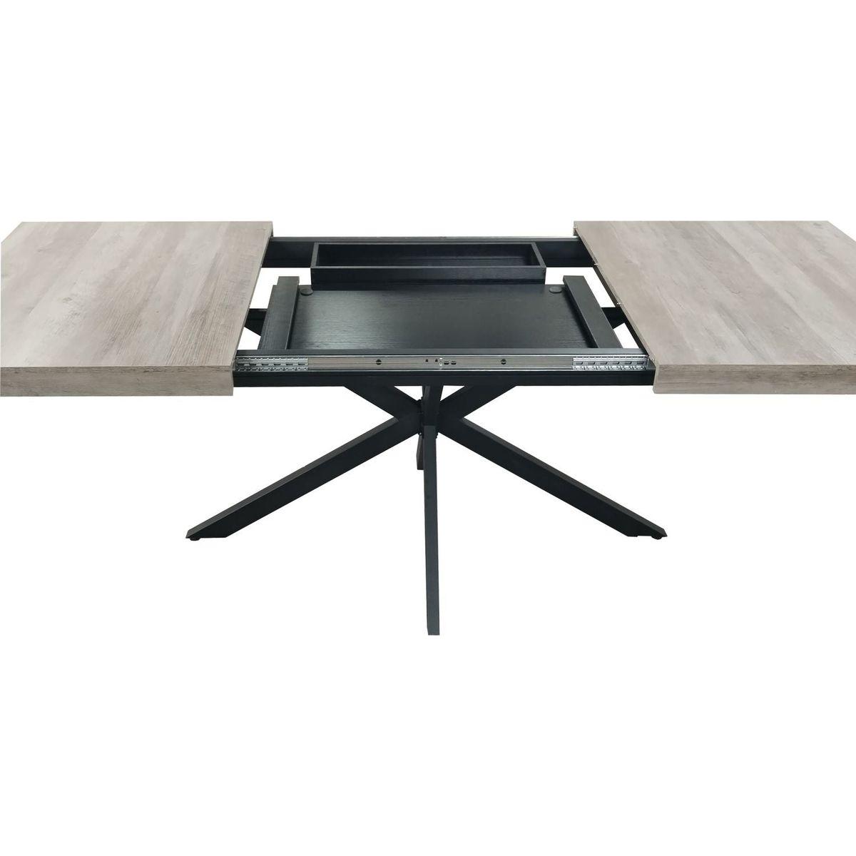 55.11" -70.86"Retro Rectangular Stretch Dining Table, Grey Carole Top With Black Embossed Center Plate, Black Fine Sand Cross Iron Foot Base Dining Table, With Storage Box.