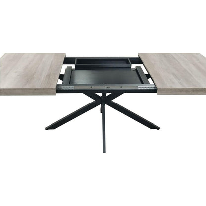 55.11" -70.86"Retro Rectangular Stretch Dining Table, Grey Carole Top With Black Embossed Center Plate, Black Fine Sand Cross Iron Foot Base Dining Table, With Storage Box.