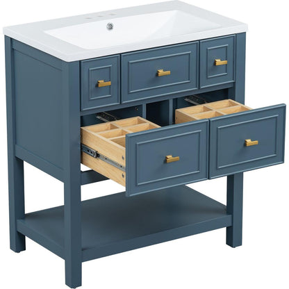 30" Bathroom Vanity with Resin Sink Combo, Free Standing Single Vanity Set with 5 Drawers, Solid Wood Frame Bathroom Storage Cabinet, Blue