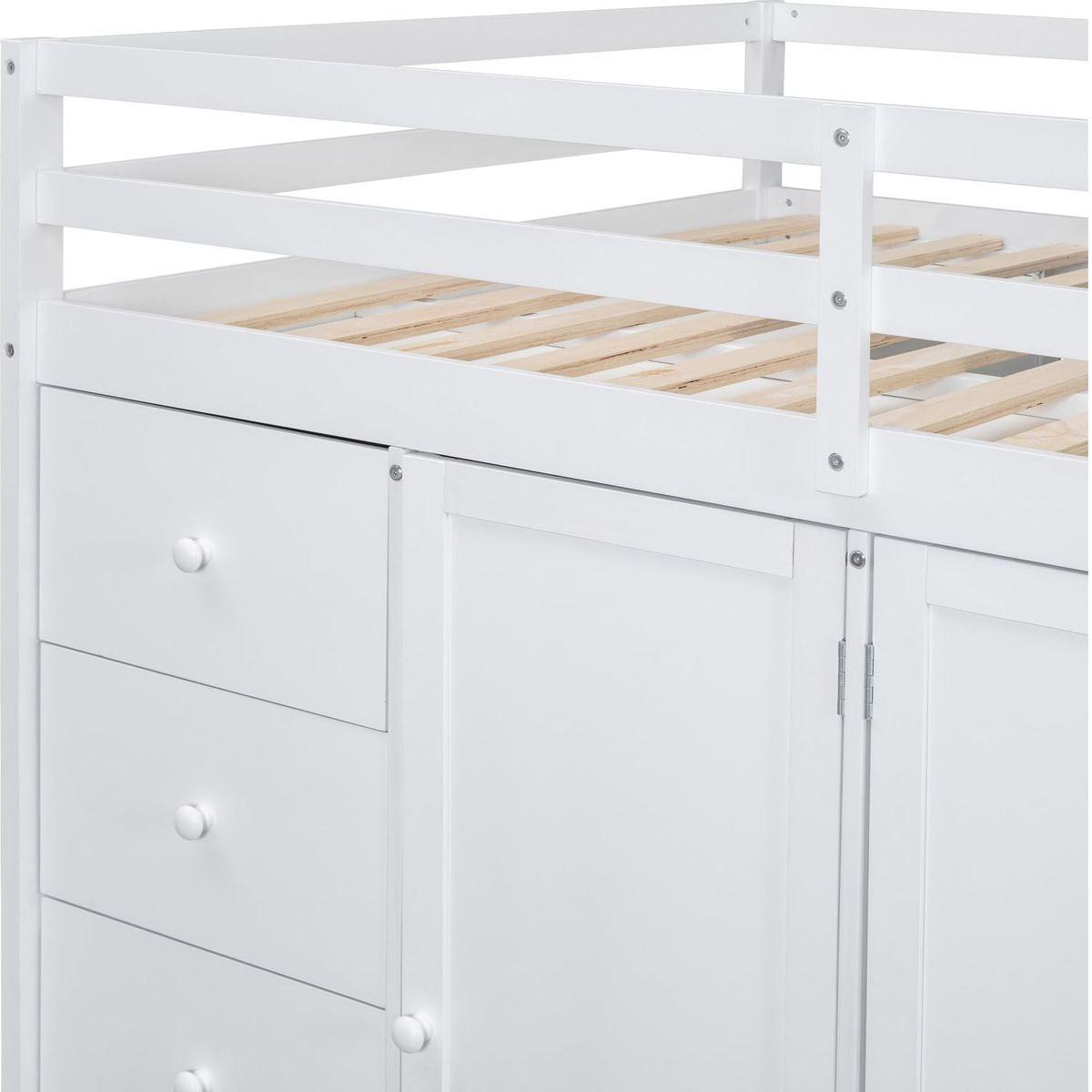 Full Size Wood Loft Bed With Built-in Wardrobes, Cabinets and Drawers, White