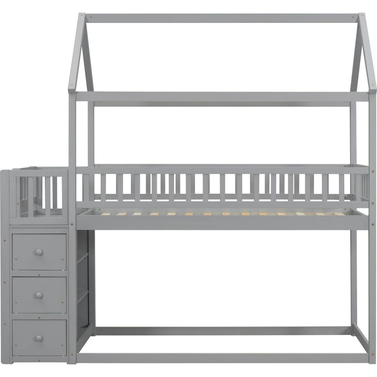 TWIN/TWIN HOUSE BUNK BED WITH SHELVES AND DRAWERS FOR GREY COLOR