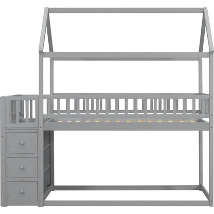 TWIN/TWIN HOUSE BUNK BED WITH SHELVES AND DRAWERS FOR GREY COLOR
