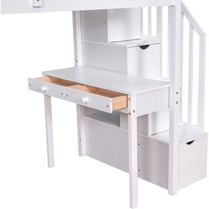 Twin size Loft Bed with Storage Drawers, Desk and Stairs, Wooden Loft Bed with Shelves - White