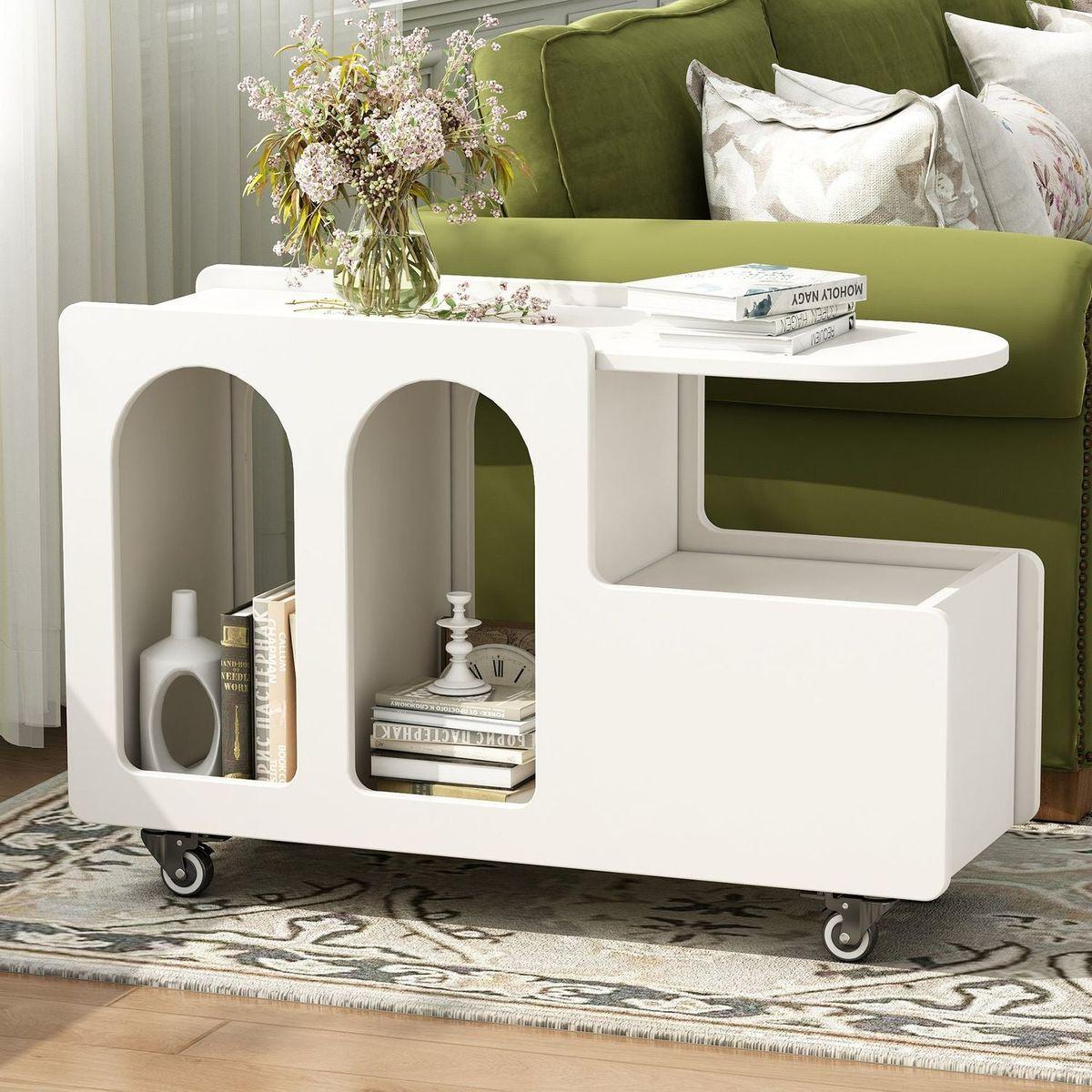 Mobile End Table with lockable wheels, Cream Style Side Table with Storage Drawer, 11.8inch Narrow Nightstand with Multi-layer Storage, Living Room, White