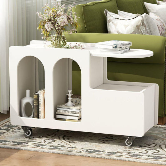 Mobile End Table with lockable wheels, Cream Style Side Table with Storage Drawer, 11.8inch Narrow Nightstand with Multi-layer Storage, Living Room, White