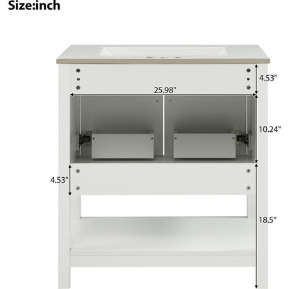 30-Inch White Bathroom Vanity with Ceramic Sink and Versatile Storage - Ideal for Small Bathrooms