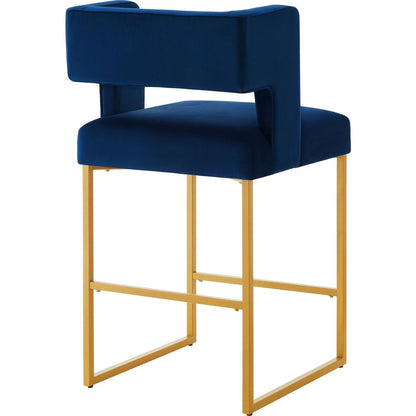 Modern Fashion Counter Height Bar Stools with Unique Square Open Backrest, Set of 2 Versatile Bar Chairs with Sturdy Iron Legs, 26" H Counter Height Chairs for kitchen islands, Navy /Gold