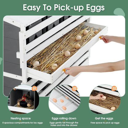Wooden Chicken Nesting Box for Laying Eggs,Solid Pine Wood 8 Compartments Egg Laying Boxes for Hens with 2 Roll Out Egg Collection Drawers and 4 Vented Holes,2 Foldable Perches,47"Lx26.4"Wx35.4"H-Gray