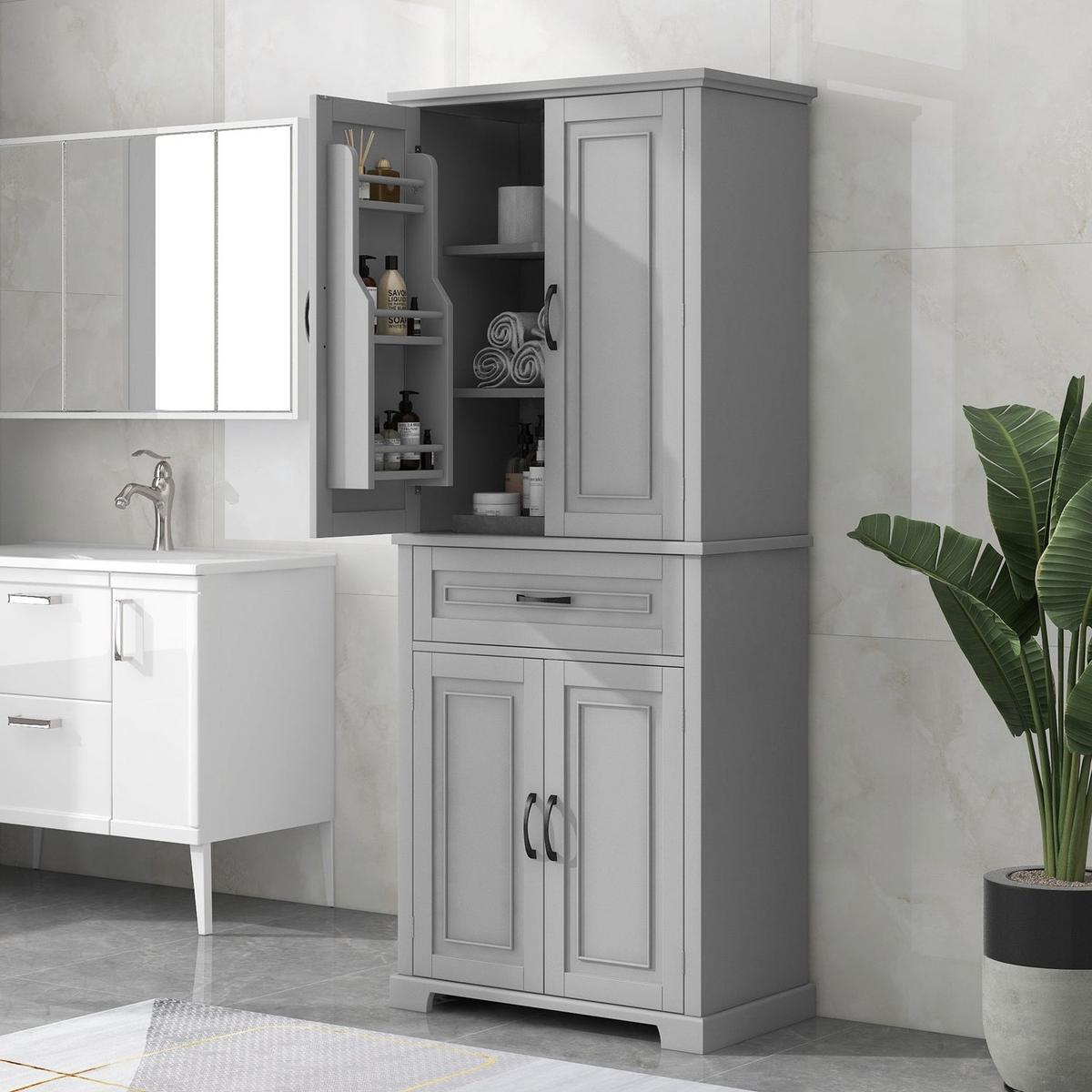 Bathroom Storage Cabinet with Doors and Drawer, Multiple Storage Space, Adjustable Shelf, Grey