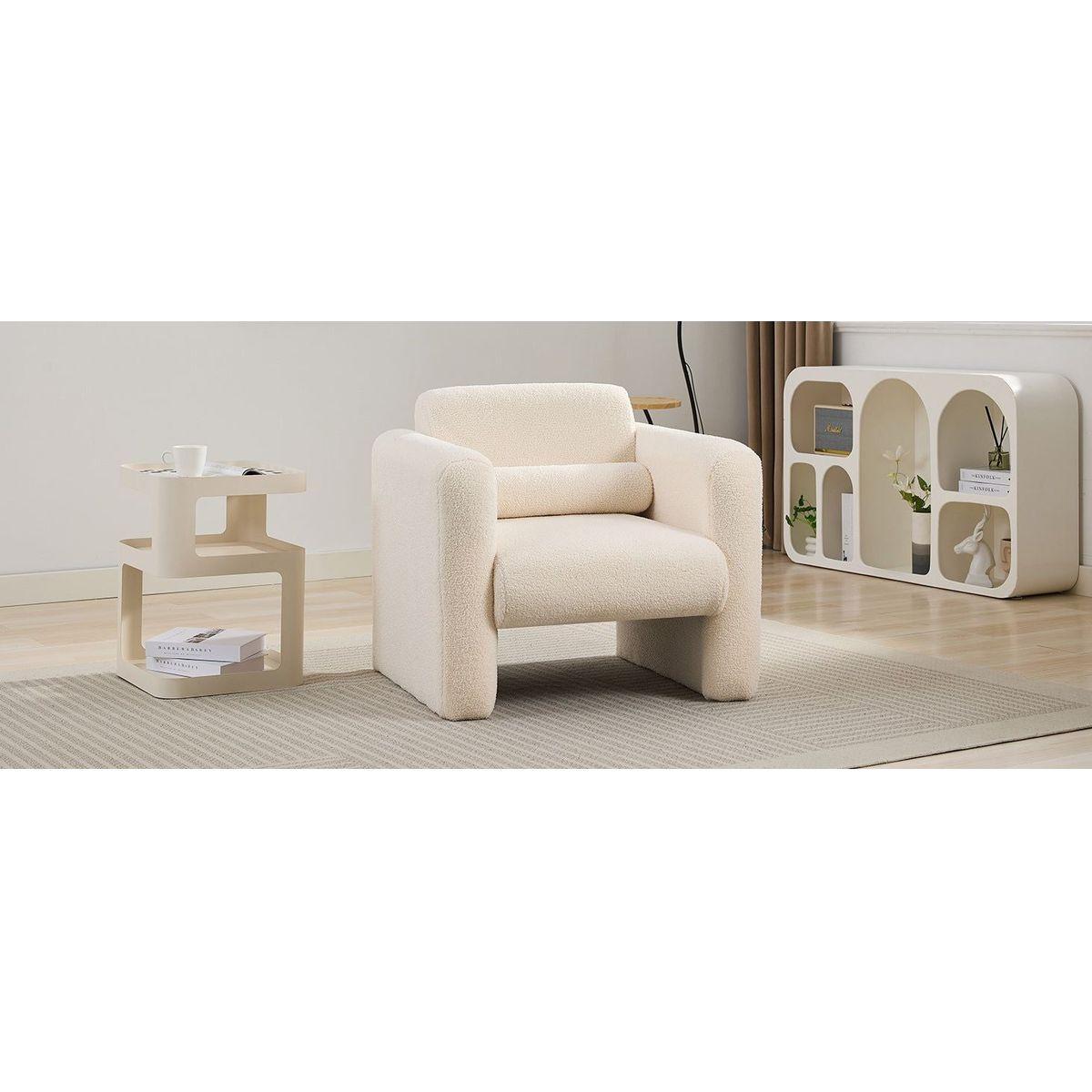 Modern Accent Chair Lambskin Sherpa Fabric Upholstered Comfy Reading Arm Chair Soft Padded Armchair with Back and Pillow for Living Room Bedroom Reception Waiting Room Office, Cream